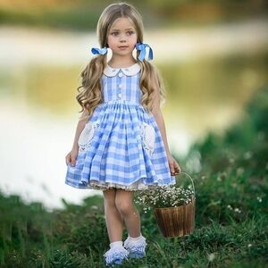 Dollcake Dress Hold Your Horses Blue White Gingham Picnic Girls 8 FLAWS NWT